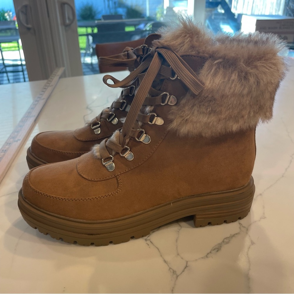 Sun + Stone Orlaaf Faux Fur Cold Weather Lug Sole, Combat, Lace-Up Ankle Boots - Picture 2 of 13